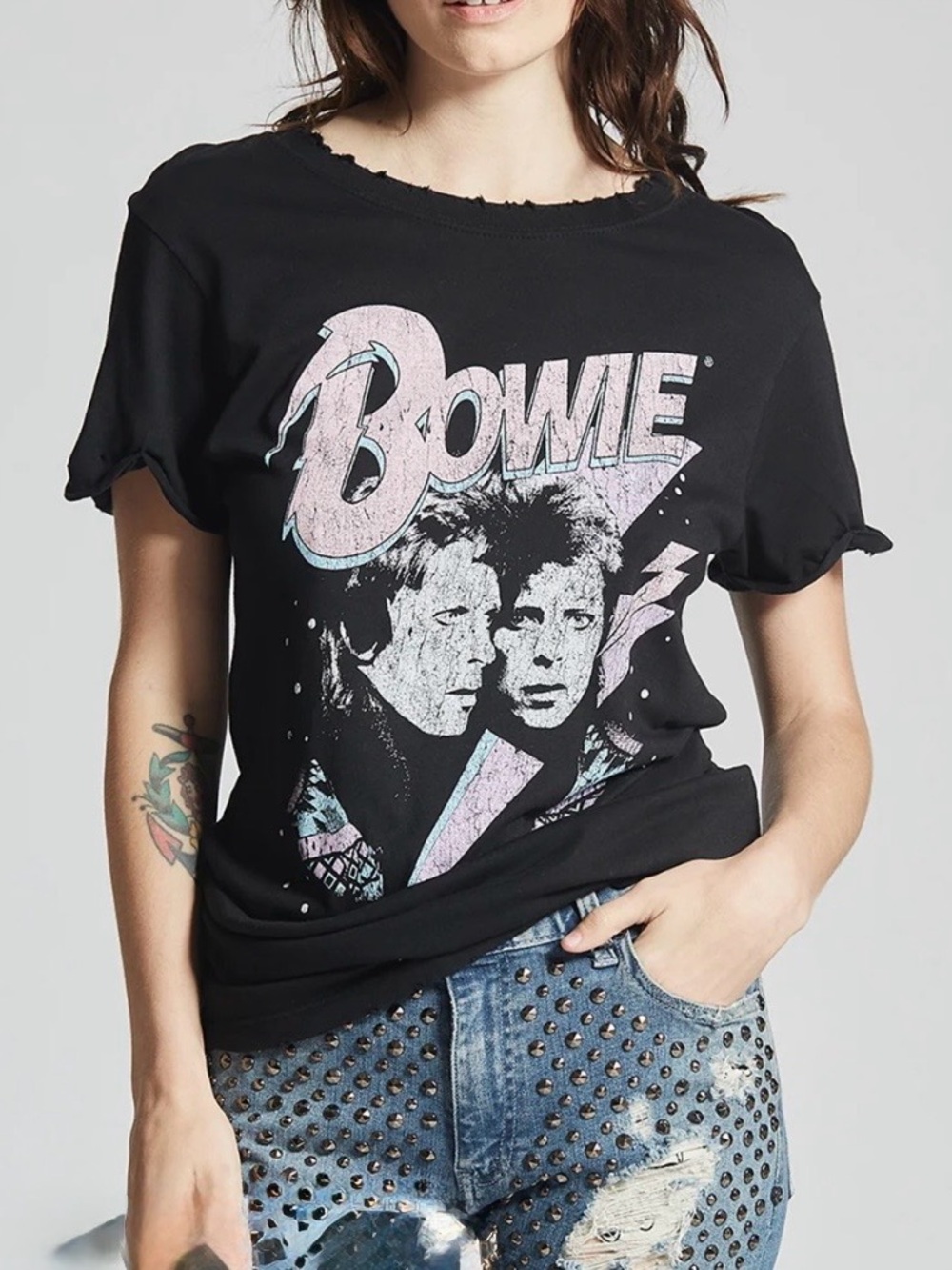 Recycled Karma David Bowie Graphic Tee - black w/pale pink & light blue accents